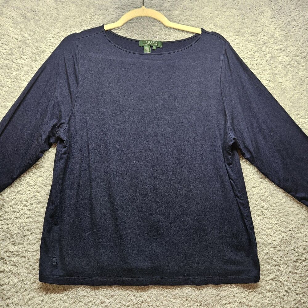Lauren Ralph Lauren Womens Navy Blue Shirt Size 1X Stretch Casual 3/4 Sleeve